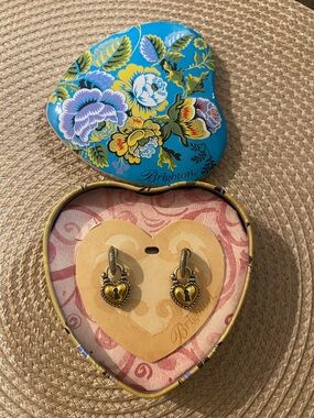 Brighton Vintage Silver/Gold Heart Padlock Hoop Earrings w/Brighton Card & Tin